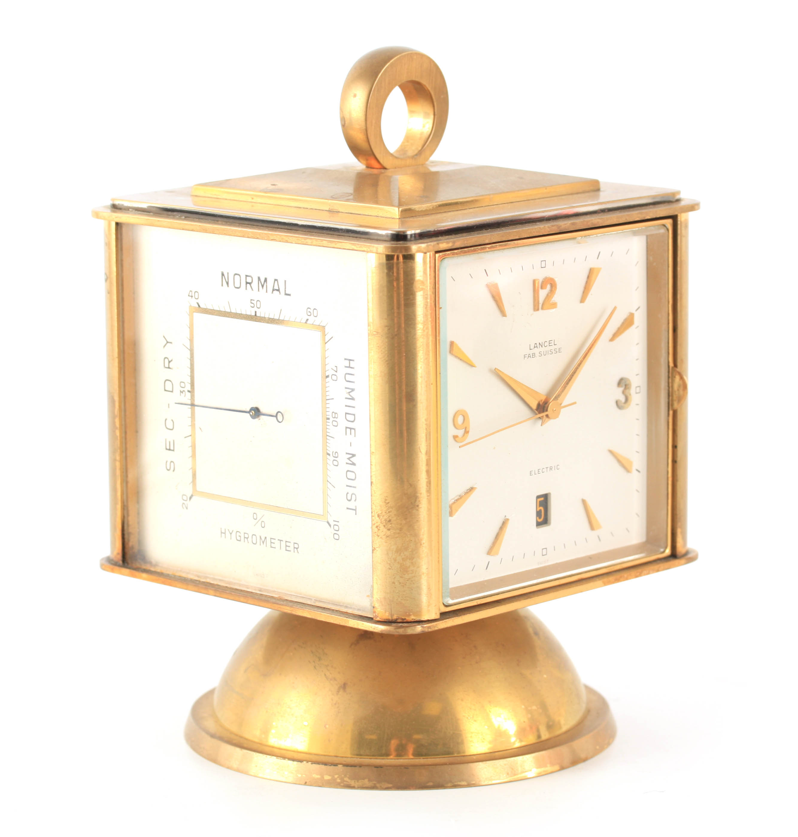 A LANCEL, 1950's SWISS GILT BRASS PORTABLE DESK CLOCK/WEATHER STATION the revolving cube body with