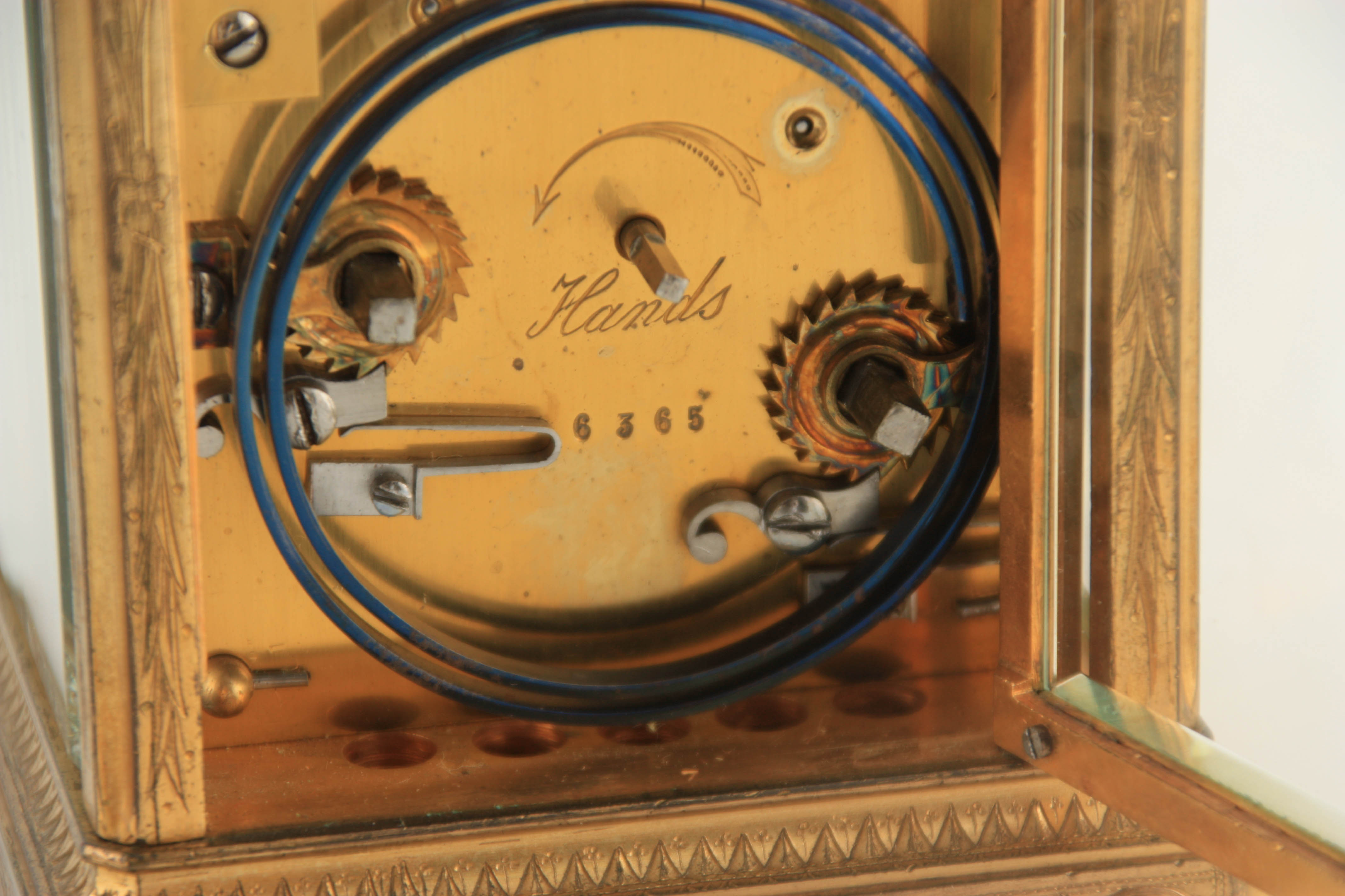 A LATE 19TH CENTURY FRENCH MASK DIAL ENGRAVED GILT BRASS REPEATING CARRIAGE CLOCK the full floral - Image 8 of 8