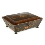 AN EARLY 19TH CENTURY LACQUERWORK BOX WITH DIVIDED INTERIOR the Oriental figural and landscape scene