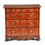 AN 18TH CENTURY FRUITWOOD BANDED RIBBON FRONT YEW-WOOD CHEST OF DRAWERS with four long graduated