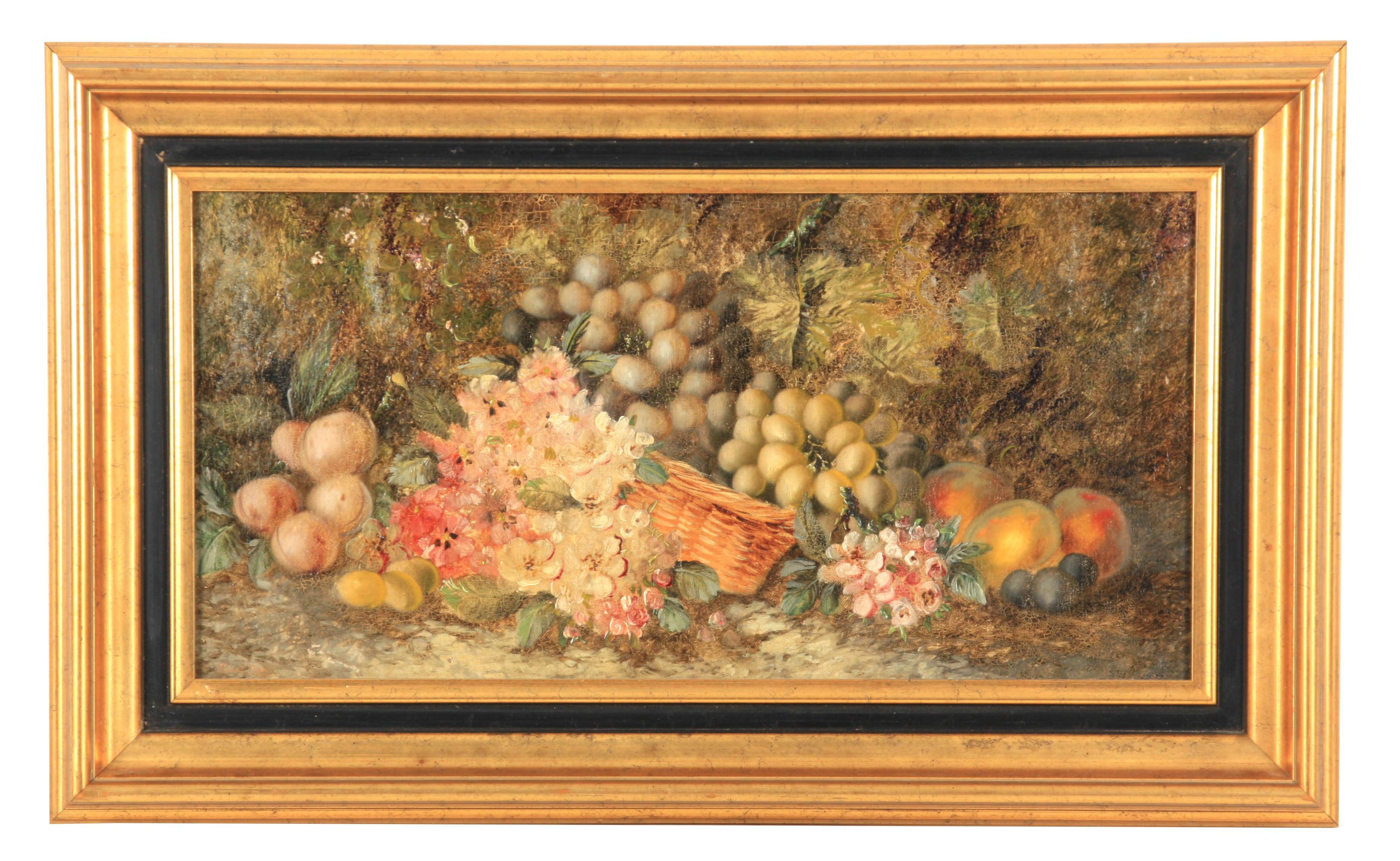 VINCENT CLARE A 19TH CENTURY OIL ON CANVAS depicting a basket of ripe fruits and flowers on a