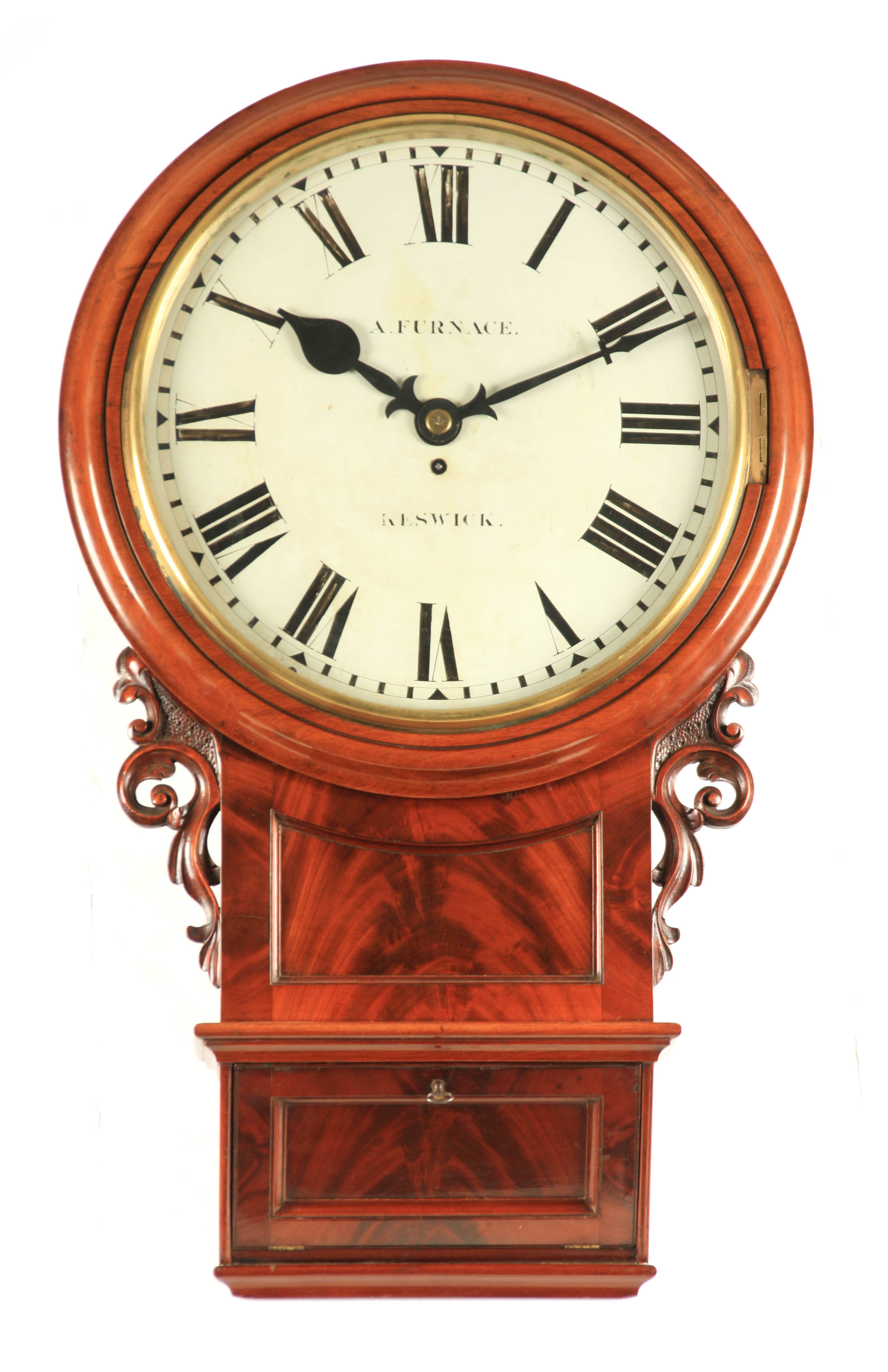 A. FURNACE, KESWICK A FINE QUALITY 19TH CENTURY FIGURED MAHOGANY 18" DIAL FUSEE WALL CLOCK OF