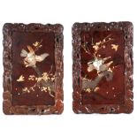 A PAIR OF 20TH CENTURY CHINESE RED LACQUERWORK PANELS with applied carved wood and mother of pearl
