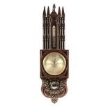 A LARGE AND UNUSUAL 19TH CENTURY GOTHIC CASED MERCURY WHEEL BAROMETER the mahogany case with