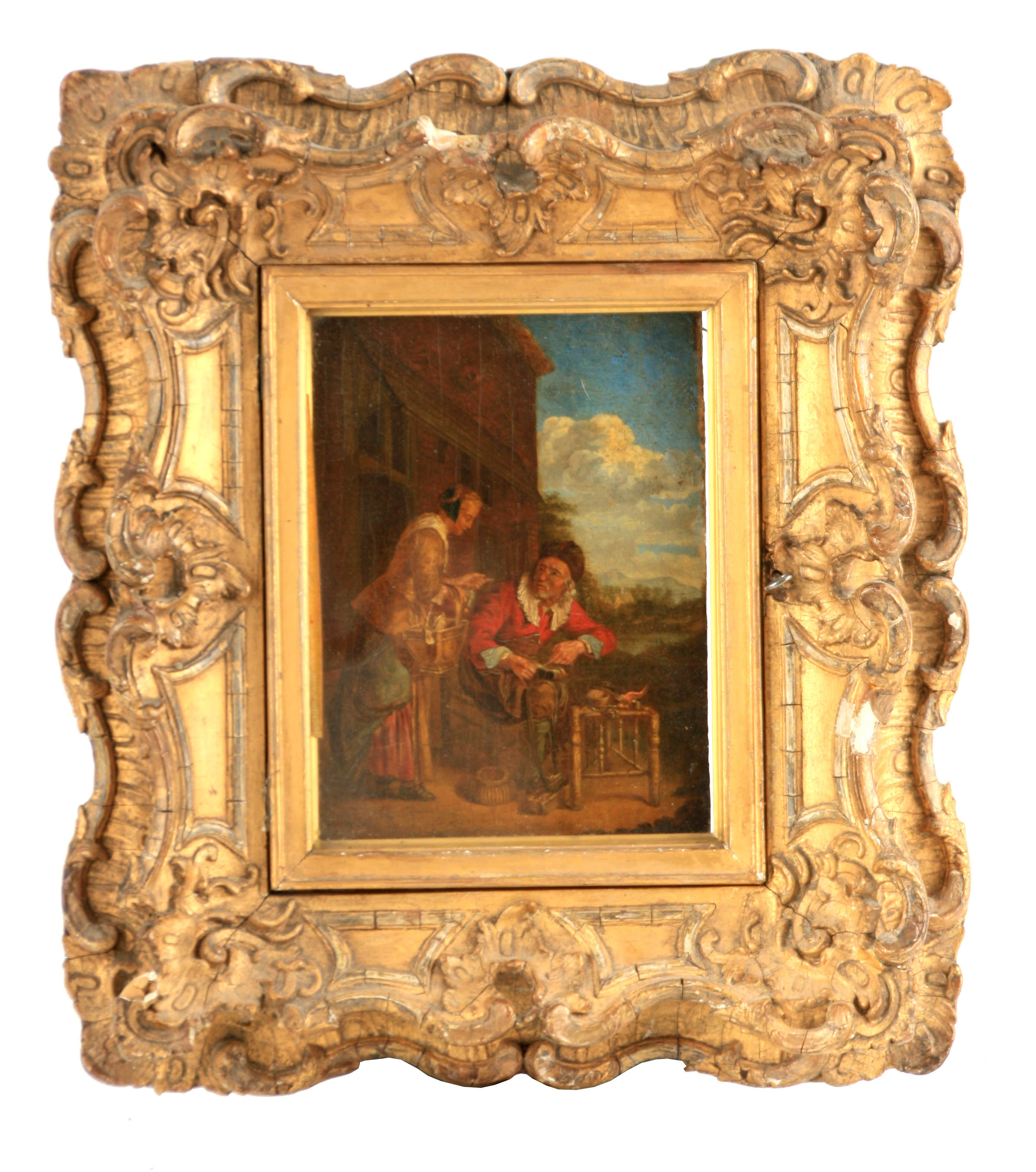 A 19TH CENTURY CONTINENTAL OIL ON BOARD depicting a shoe maker and lady outside a building 21cm high