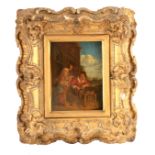 A 19TH CENTURY CONTINENTAL OIL ON BOARD depicting a shoe maker and lady outside a building 21cm high