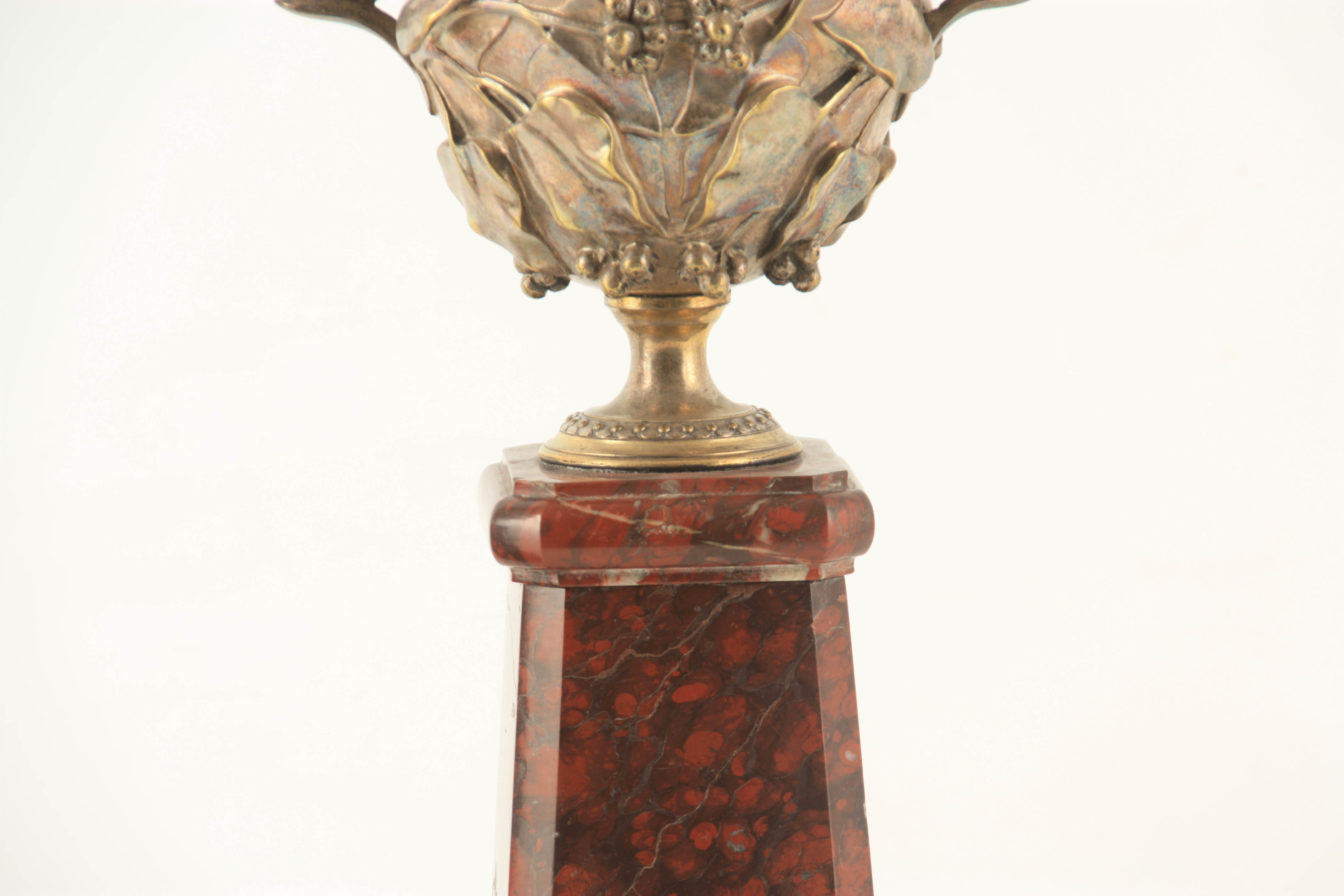 A PAIR OF 19TH CENTURY FRENCH TWO HANDLED SILVERED BRONZE AND MARBLE PEDASTEL URNS cast in high - Image 2 of 4