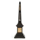 AN UNUSUAL LATE 19TH CENTURY EBONISED OBELISK DESK CLOCK COMPENDIUM with thermometer and spirit