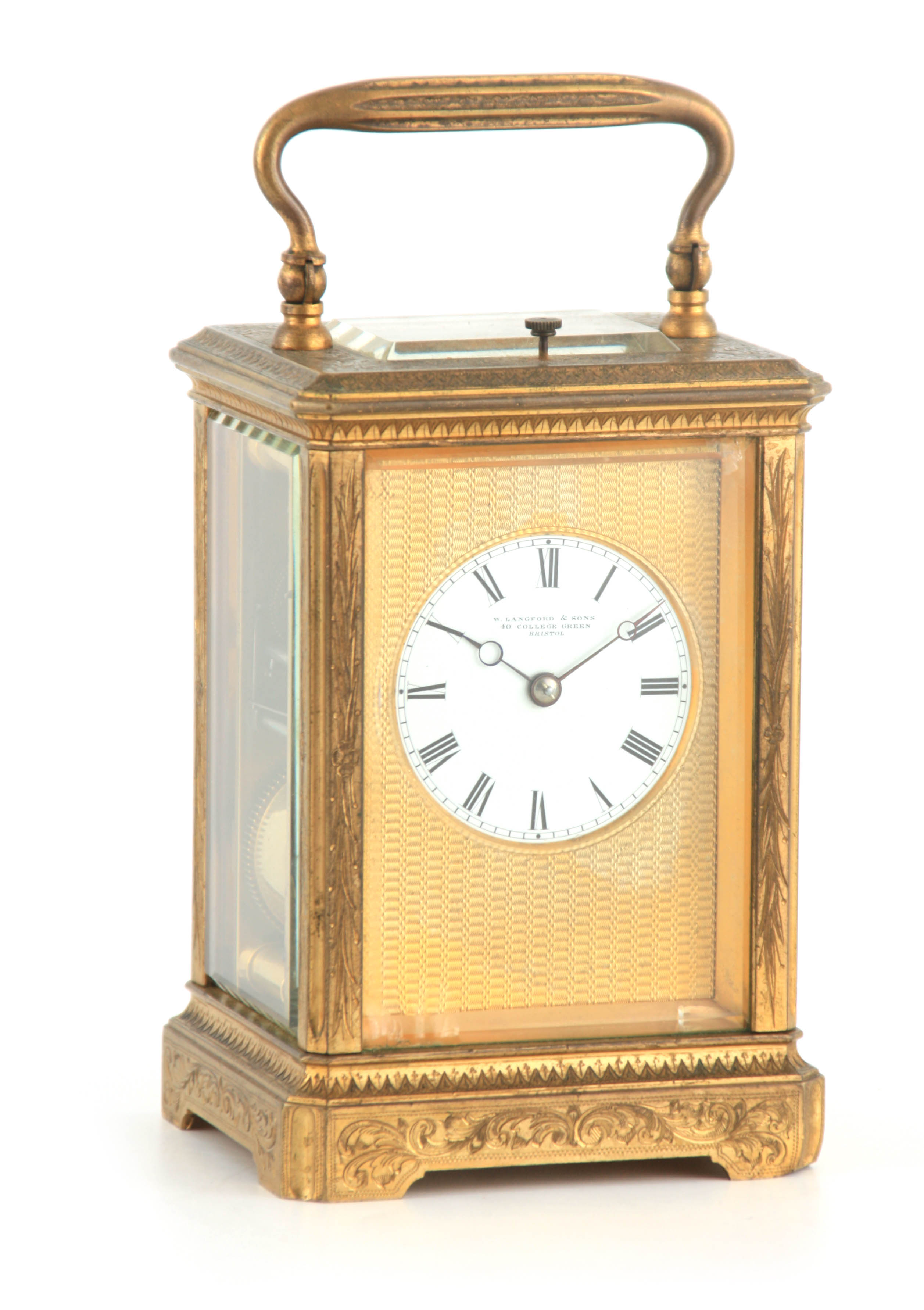 A LATE 19TH CENTURY FRENCH MASK DIAL ENGRAVED GILT BRASS REPEATING CARRIAGE CLOCK the full floral