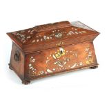 A REGENCY MOTHER OF PEARL AND BRASS INLAID ROSEWOOD SARCOPHAGUS TEA CADDY with floral and leaf