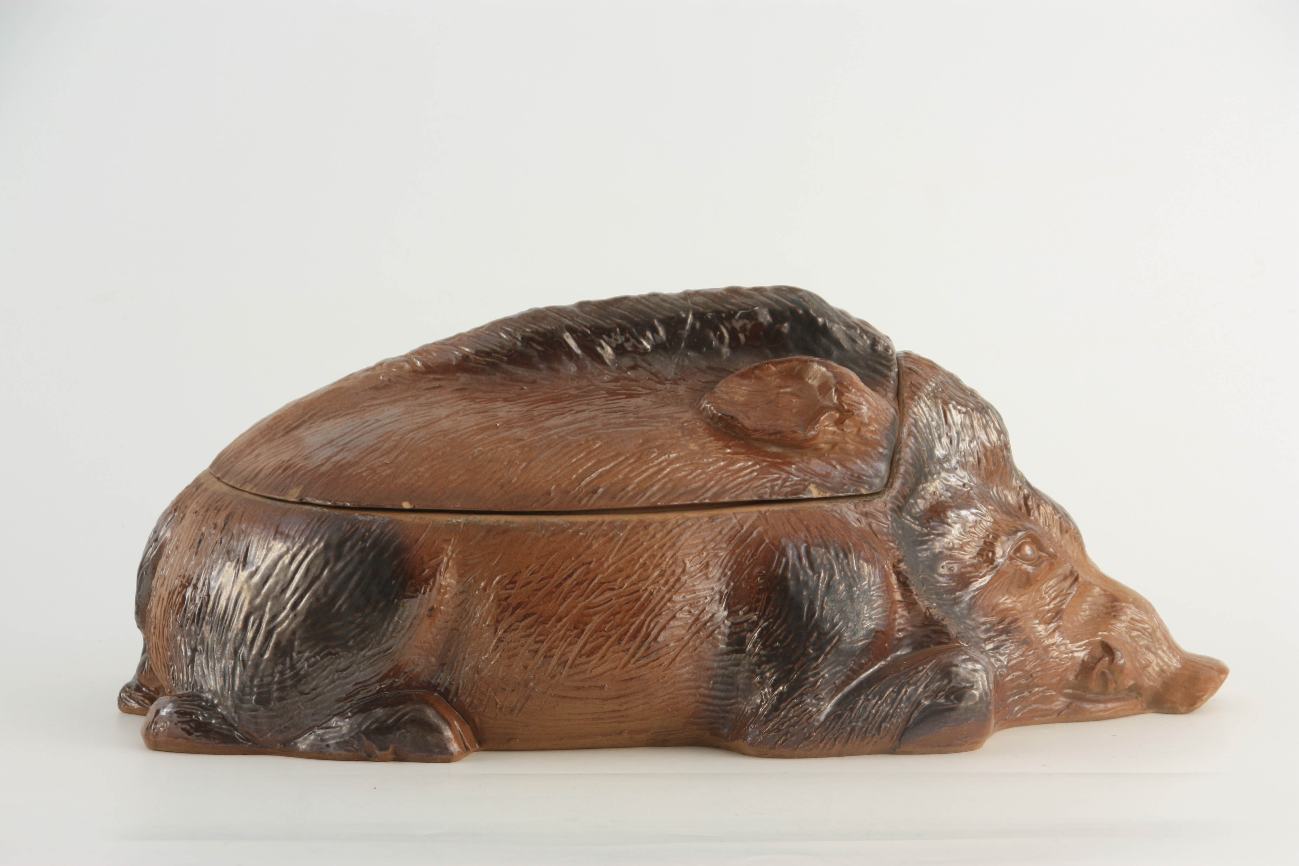 A LATE 19TH CENTURY EARTHENWARE SLIP GLAZED TUREEN modelled as a hog 44cm wide 20cm deep 18cm high - Image 3 of 5