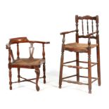 A 19TH CENTURY SPINDLE TURNED CHILD''S HIGH CHAIR with rush seat 39cm wide 89cm high TOGETHER WITH A