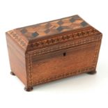 A GOOD 19TH CENTURY PARQUETRY INLAID AND TUNBRIDGE WARE BANDED ROSEWOOD TEA CADDY with divided