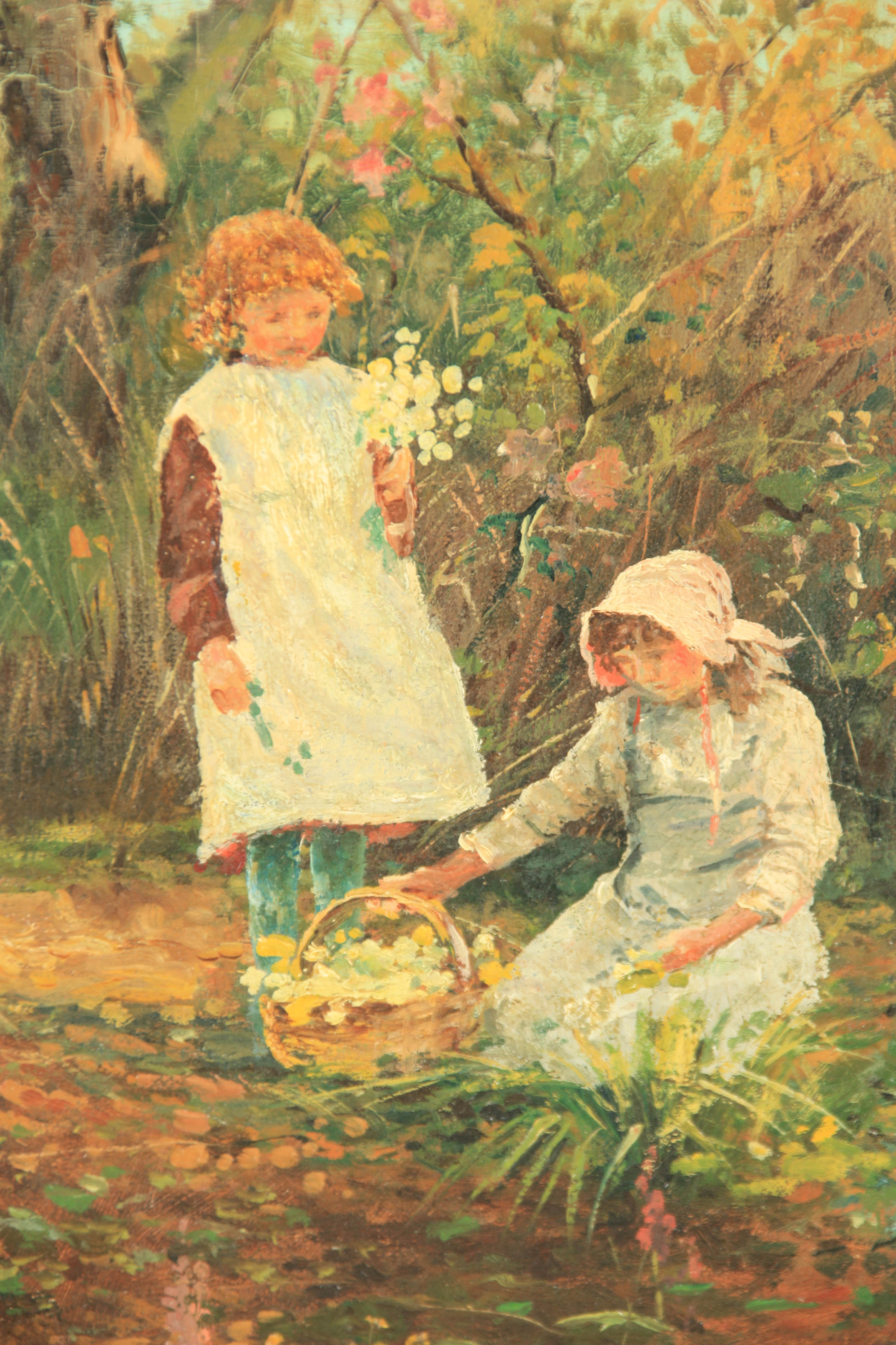 HENRY JOHN YEEND KING (1855 - 1924), OIL ON CANVAS children picking wild flowers in tree-lined - Image 4 of 5