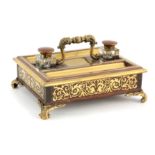 A FINE 19TH CENTURY FRENCH ROSEWOOD AND BRASS MOUNTED DOUBLE SIDED DESK STAND WITH BOULLE TYPE
