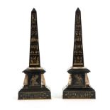 A PAIR OF 19TH CENTURY BLACK SLATE AND COLOURED MARBLE EGYPTIAN REVIVAL OBELISKS with hieroglyphic