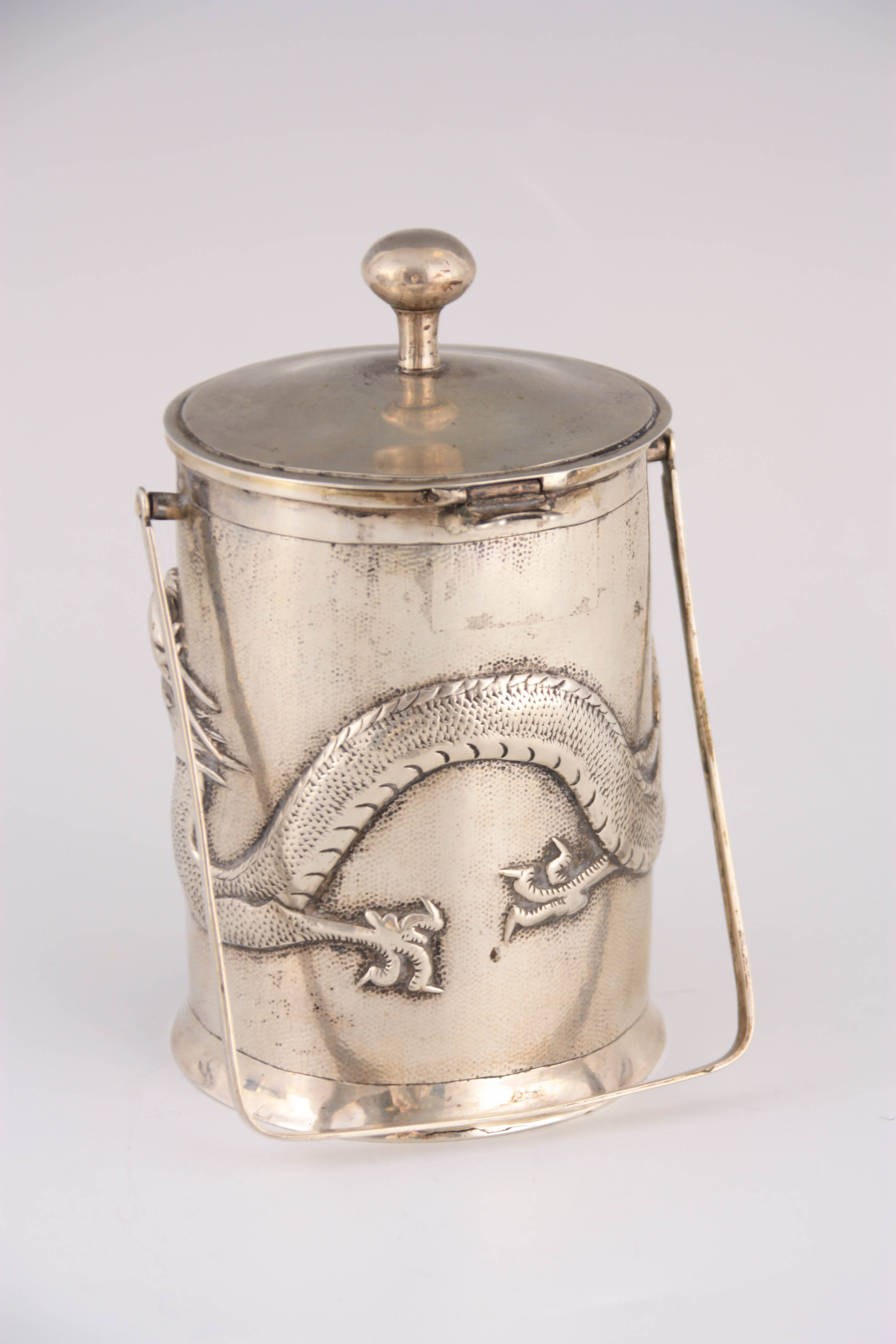 A LATE 19TH CENTURY CHINESE SILVER LIDDED PRESERVE JAR BY YOK SANG with hinged handle and embossed - Image 4 of 7