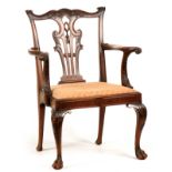 A FINE 19TH CENTURY MAHOGANY CHIPPENDALE STYLE OPEN ARMCHAIR OF GENEROUS SIZE with shell carved