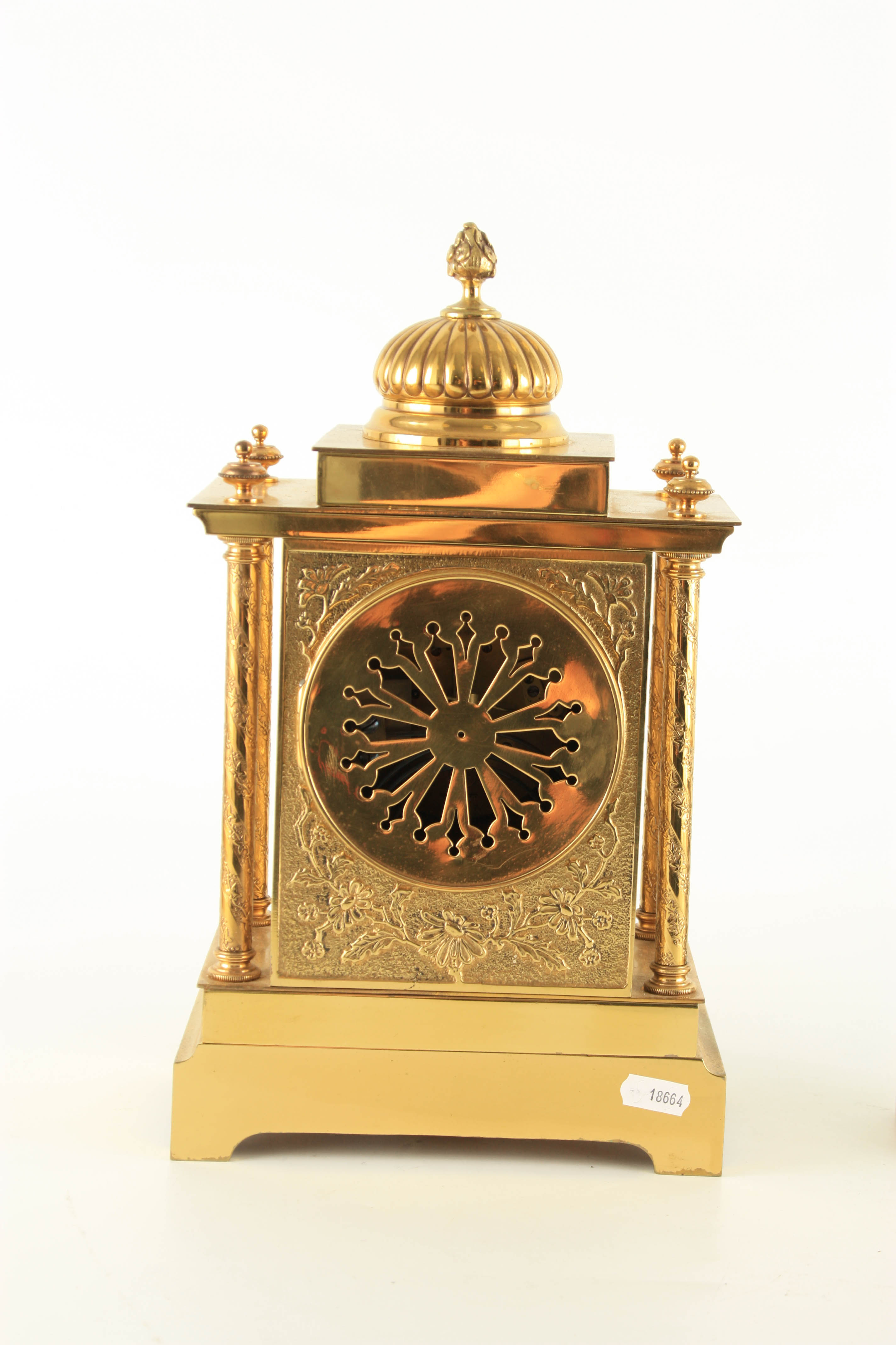 A LATE 19TH CENTURY FRENCH BRASS CASED MANTEL CLOCK having a domed top pediment above a floral - Image 10 of 12