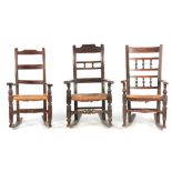 A GROUP OF THREE 19TH CENTURY ELM, ASH AND FRUITWOOD LANCASHIRE CHILD'S ROCKING CHAIRS with rush