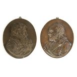 A PAIR OF 19TH CENTURY OVAL BRONZE BUSTS depicting bearded gentlemen 13.5cm high 11cm wide
