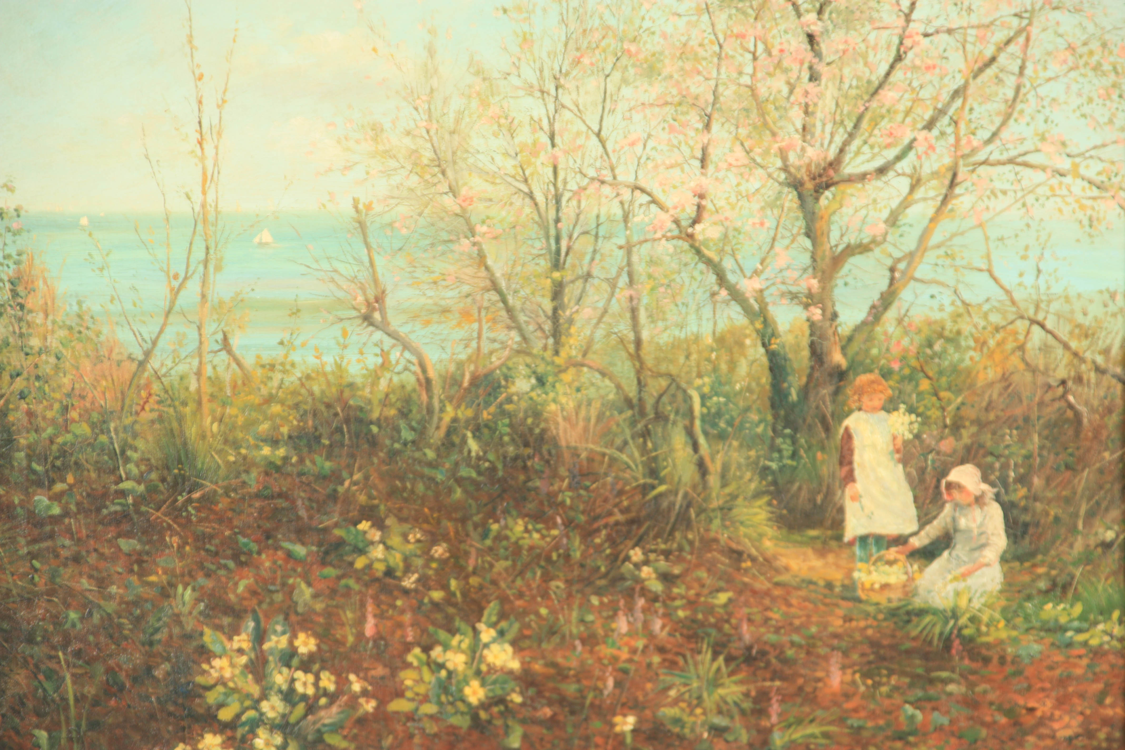 HENRY JOHN YEEND KING (1855 - 1924), OIL ON CANVAS children picking wild flowers in tree-lined - Image 2 of 5