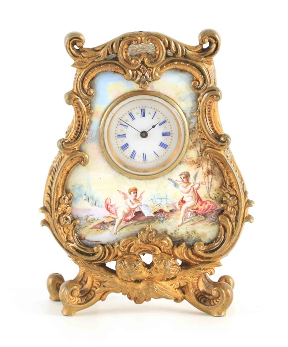 A LATE 19TH CENTURY VIENNESE ENAMEL AND GILT MOUNTED BOUDOIR CLOCK the bombe shaped case with rococo - Image 2 of 6