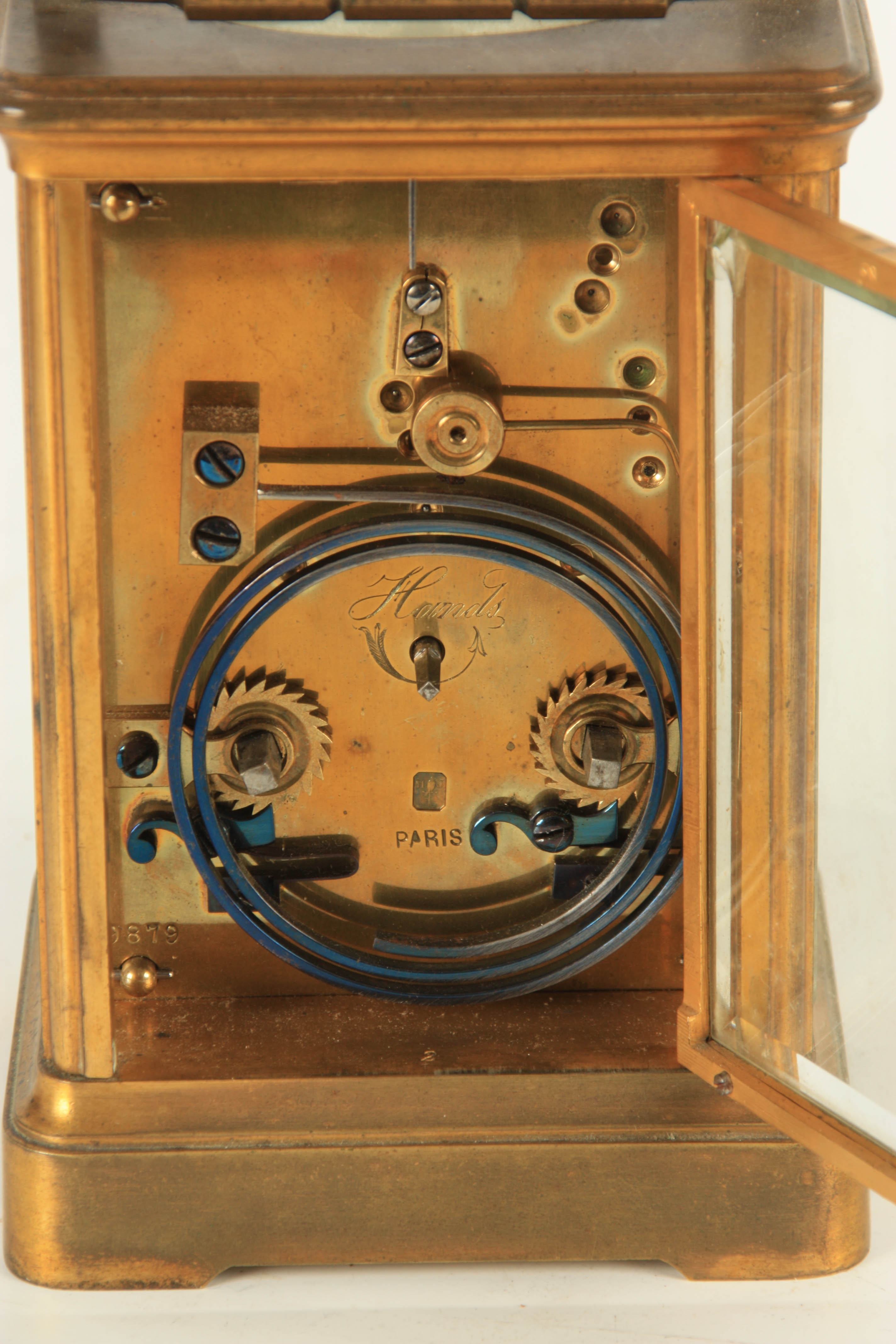 HENRI JACOT, PARIS. NO. 9879 A LATE 19TH CENTURY REPEATING CARRIAGE CLOCK the gilt brass corniche - Image 9 of 11