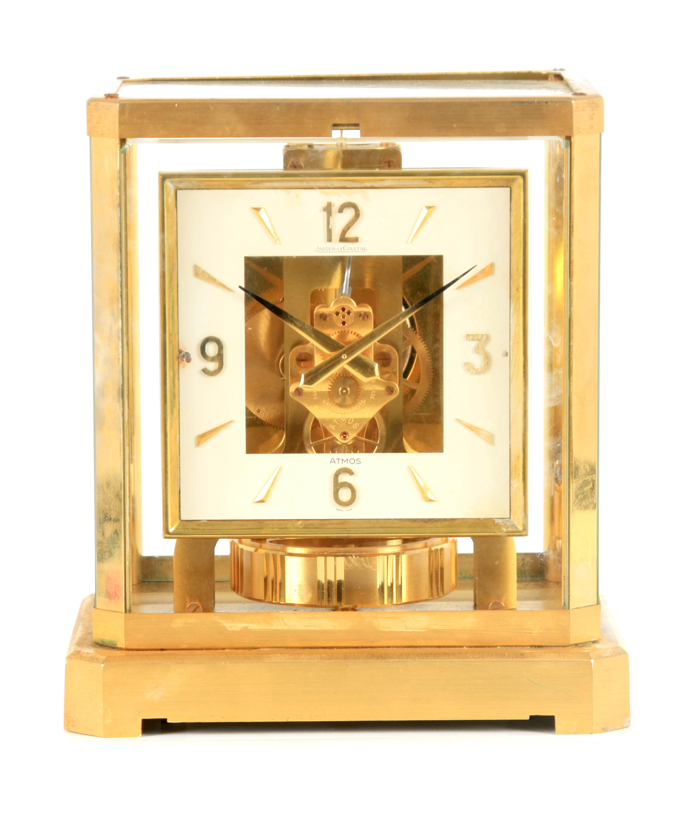 A JAEGER-LECOULTRE ATMOS CLOCK the gilt brass framed case with removable front glass panel enclosing