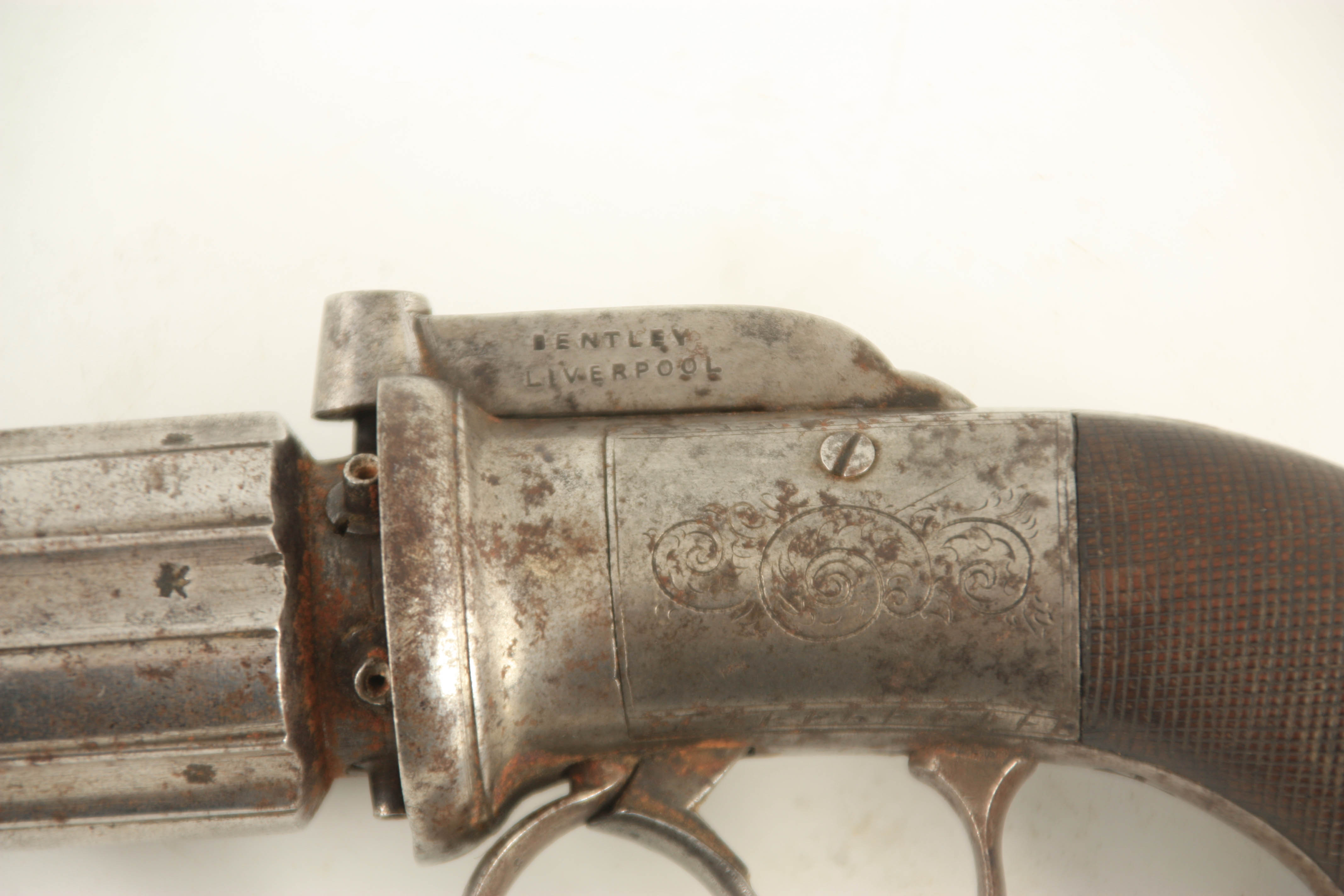 BENTLEY, LIVERPOOL A MID 19TH CENTURY SIX SHOT PEPPERBOX REVOLVER with signed self cocking bar - Image 2 of 7