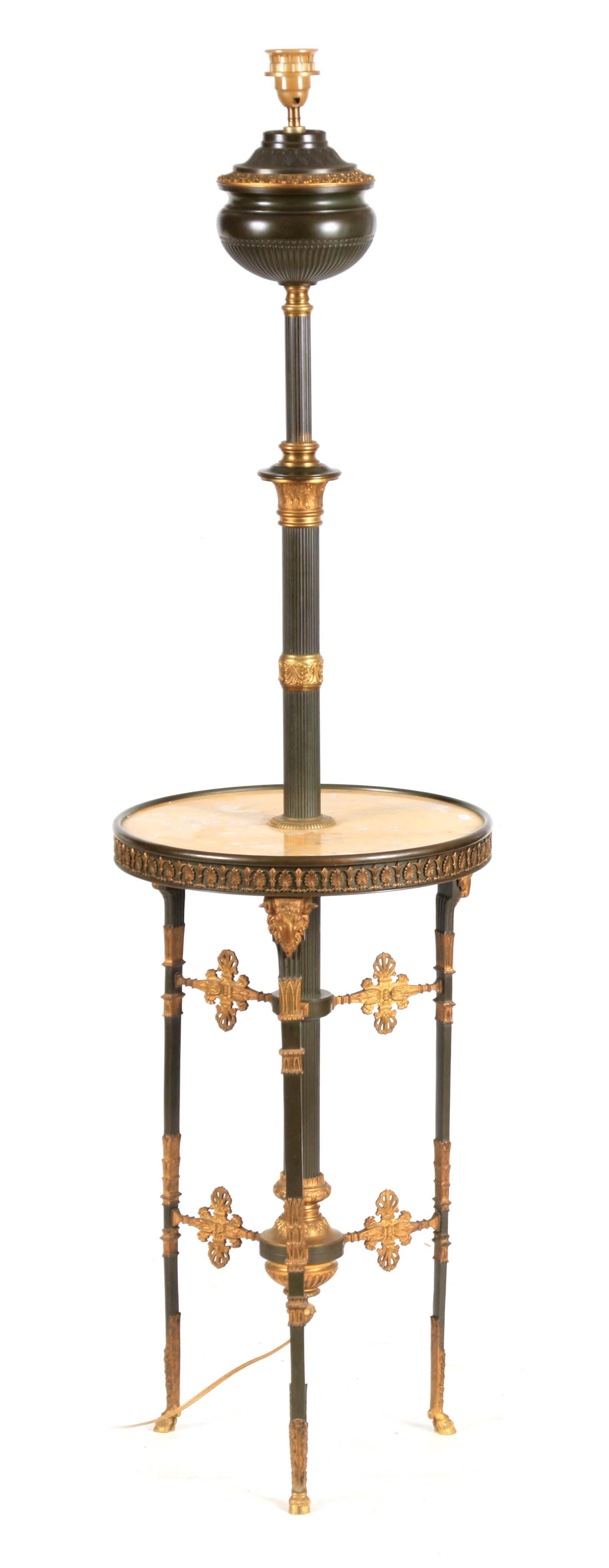 A 19TH CENTURY FRENCH EMPIRE STYLE ORMOLU AND GREEN PATINATED STANDARD LAMP/TABLE WITH SIENNA MARBLE