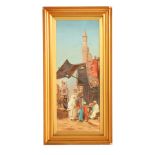 J. CHADWICK A LATE 19TH CENTURY WATERCOLOUR Arabian market and town scene 59.5cm high 23cm wide -