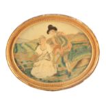 AN 18TH CENTURY OVAL TAPESTRY PANEL depicting lovers in a landscape setting 30cm high 38cm wide -