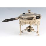 AN ELABORATE 19TH CENTURY CAST SILVER PLATE TWO HANDLED WARMING DISH ON STAND with lift out bowl and