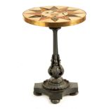 A 19TH CENTURY PEITRA DURA TERAZZO INLAY MARBLE TOP OCCASIONAL TABLE mounted on a leaf moulded