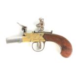 DOTT, LONDON A LATE 18TH CENTURY BRASS FLINTLOCK MUFF PISTOL having a steel barrel with impressed