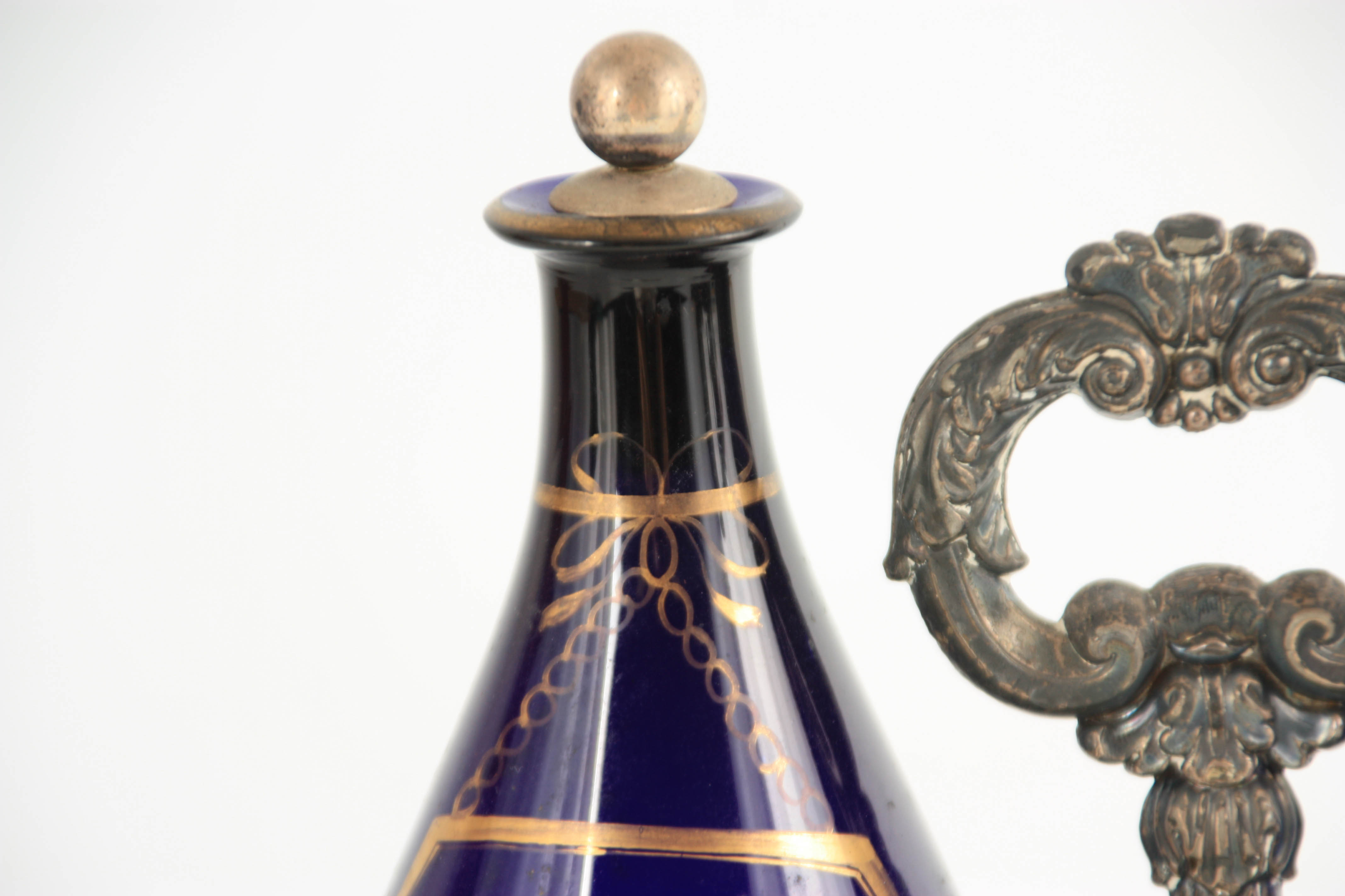 TWO EARLY 19TH CENTURY BRISTOL BLUE DECANTERS FOR RUM AND BRANDY mounted in an old Sheffield plate - Image 3 of 4