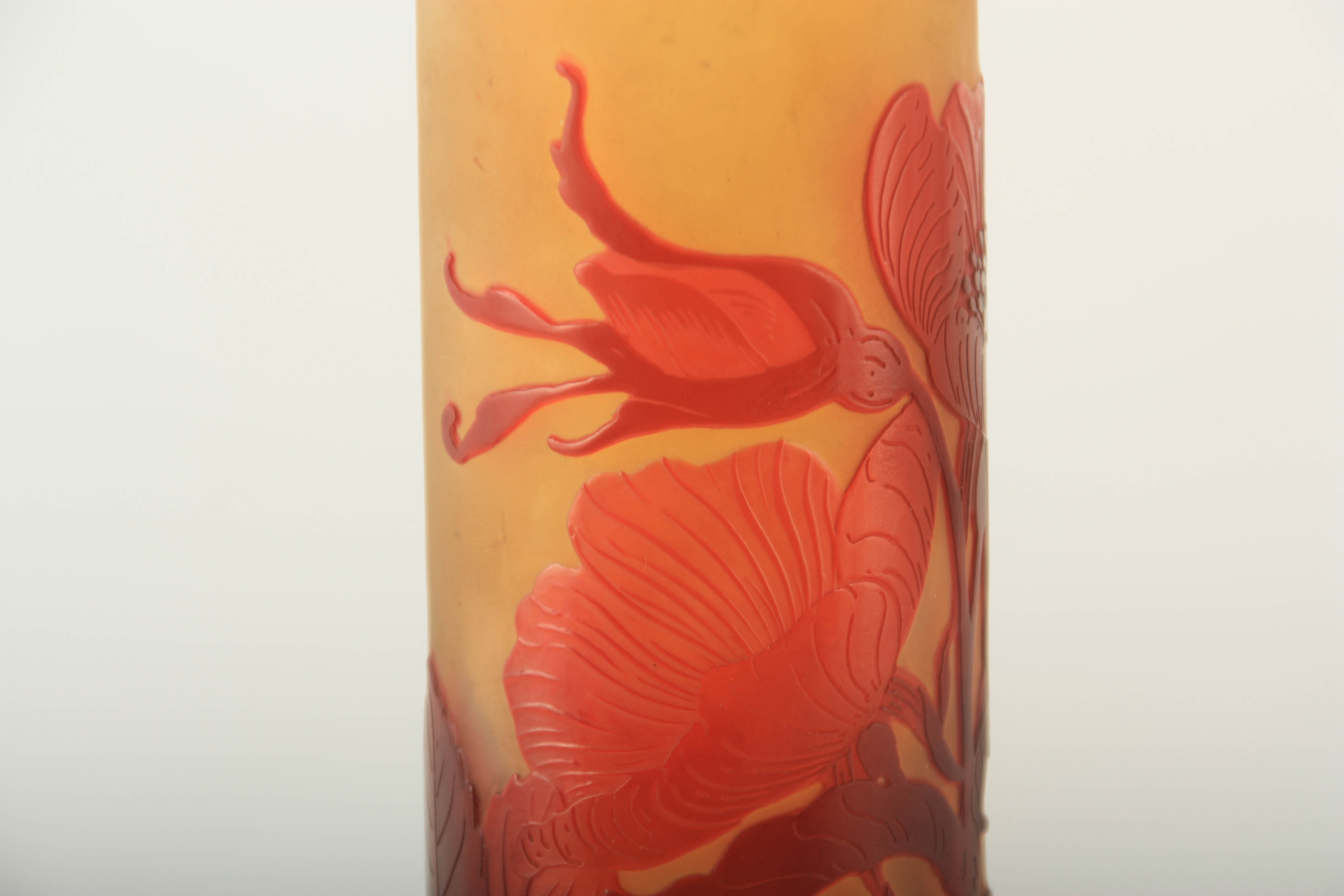 A LARGE GALLE TALL SLENDER CYLINDRICAL GLASS VASE with a flattened bulbous base, overlaid with a - Image 4 of 6