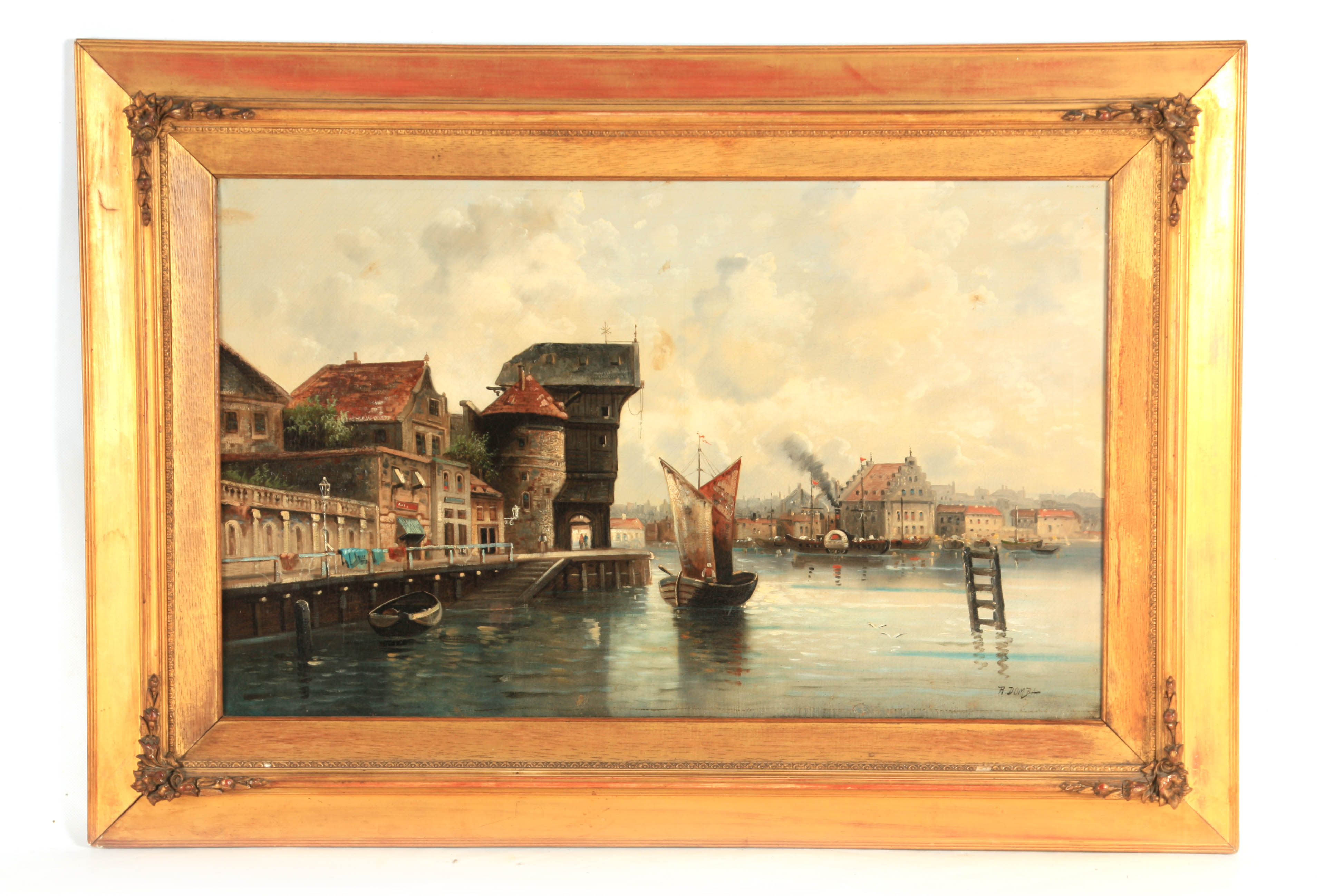 R. DOMBA A LATE 19TH CENTURY ITALIAN OIL ON CANVAS Continental port scene 49cm high 81cm wide -