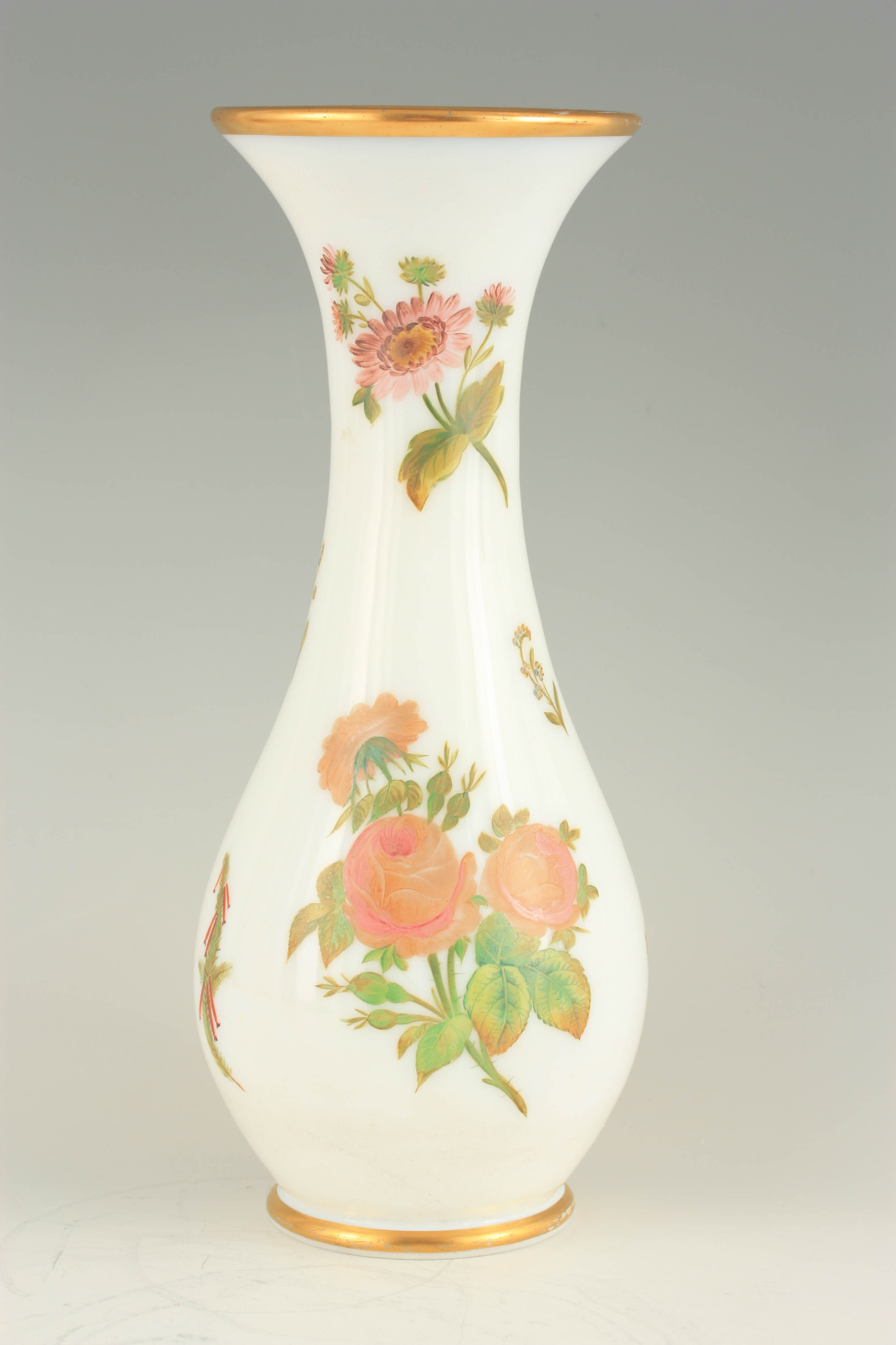 A 20TH CENTURY BACCARAT STYLE OPALINE GLASS VASE with floral decoration, having gilt bands to the - Image 4 of 6