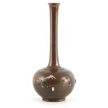 A MEIJI PERIOD JAPANESE INLAID NOGAWA BRONZE VASE of bulbous form with long slender neck decorated a
