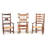 A GROUP OF THREE 19TH CENTURY ELM, ASH AND FRUITWOOD LANCASHIRE CHILD'S CHAIRS two with rush seats