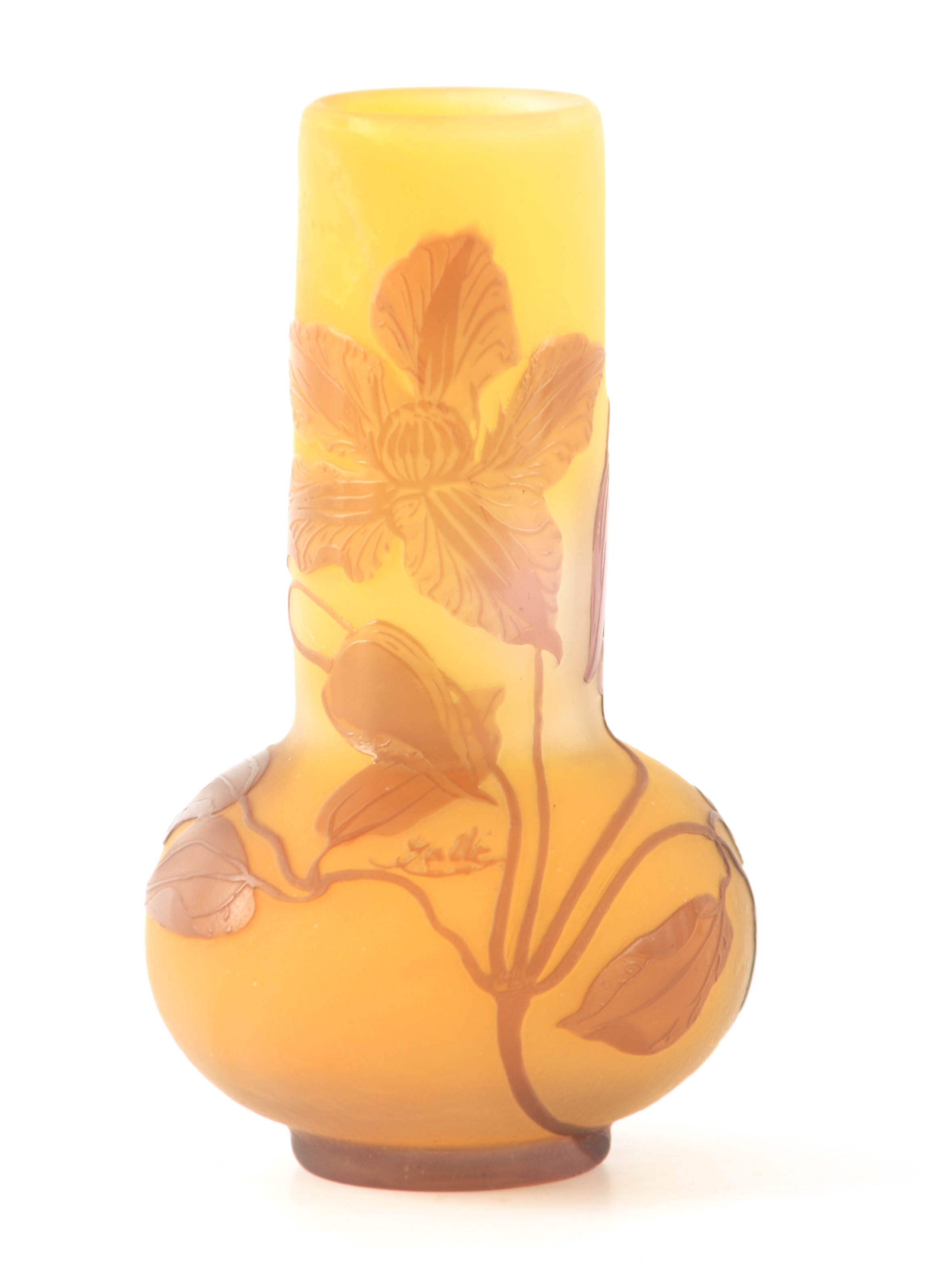 AN ART NOUVEAU GALLE OVERLAY SQUAT BULBOUS CABINET VASE WITH CYLINDRICAL NECK decorated in sepia