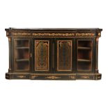 A 19TH CENTURY EBONISED AND BOULLE WORK ORMOLU MOUNTED BREAKFRONT SIDE CABINET with glazed side