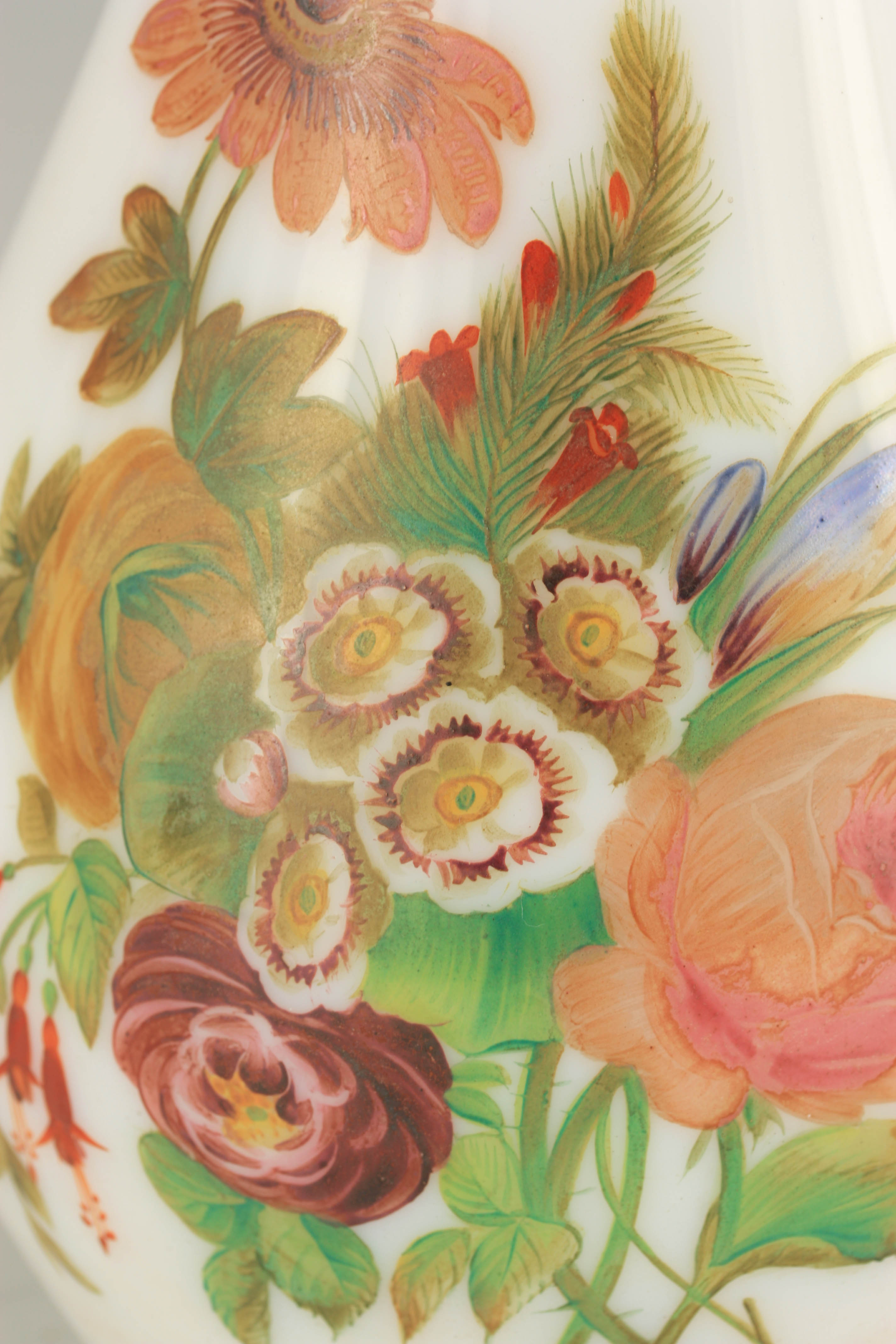 A 20TH CENTURY BACCARAT STYLE OPALINE GLASS VASE with floral decoration, having gilt bands to the - Image 2 of 6