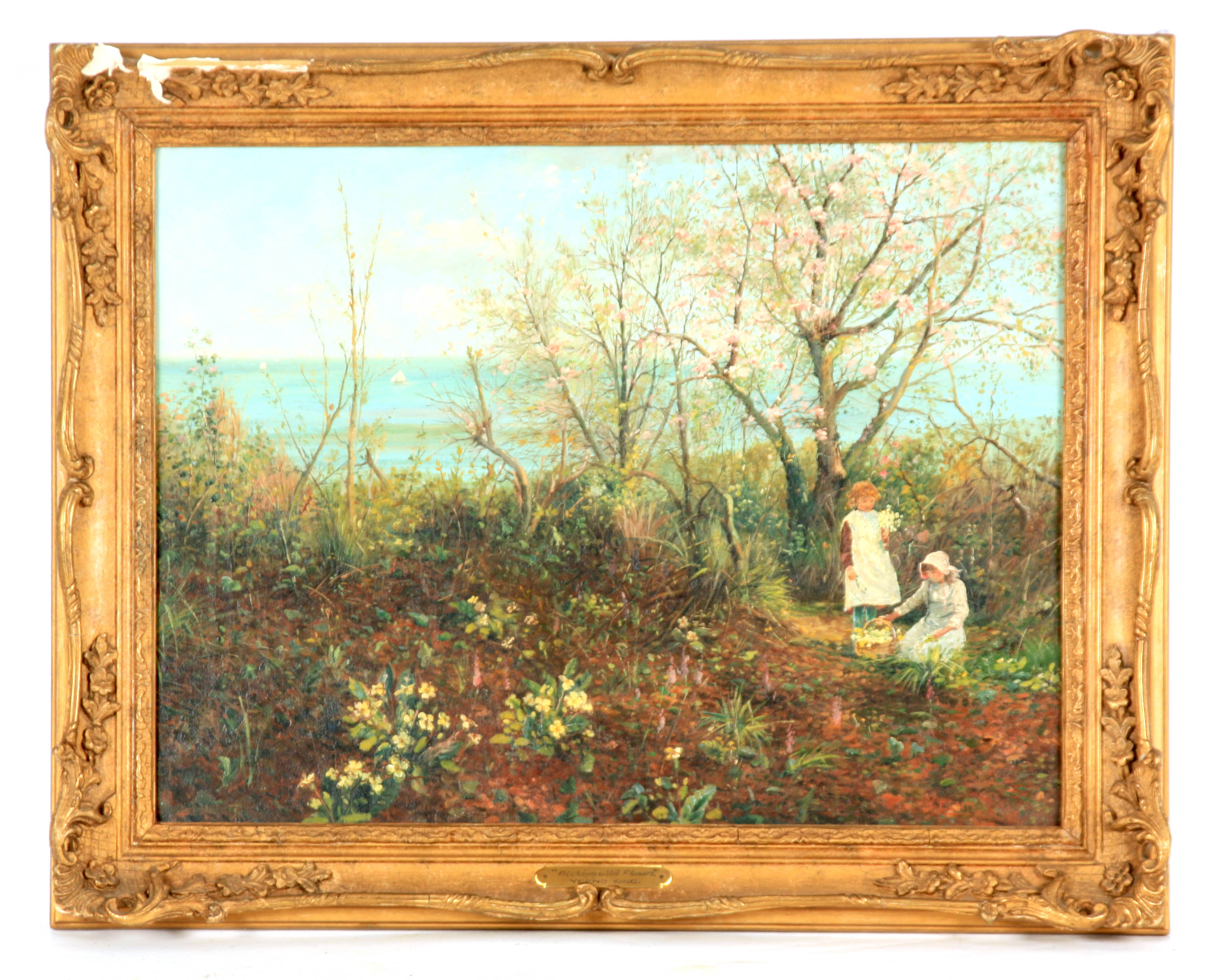 HENRY JOHN YEEND KING (1855 - 1924), OIL ON CANVAS children picking wild flowers in tree-lined