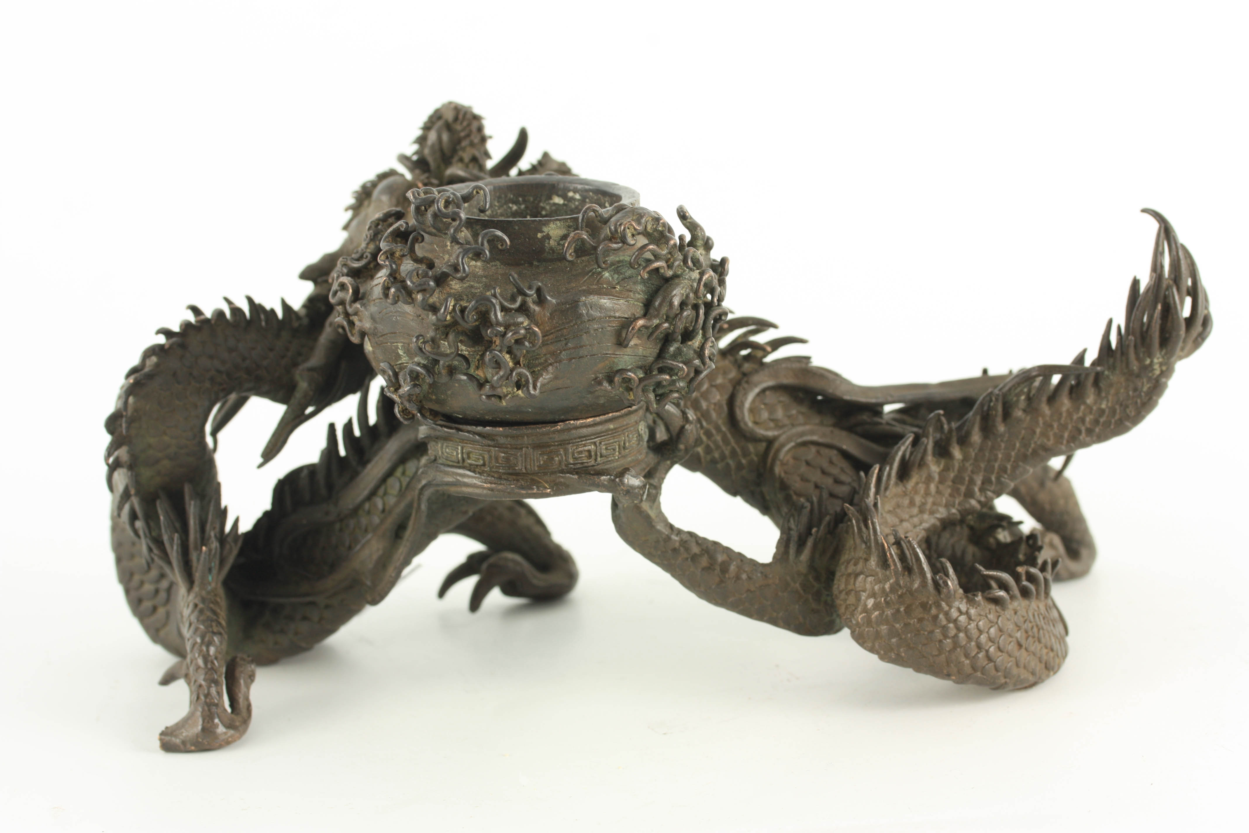 A MEIJI PERIOD JAPANESE BRONZE INCENSE BURNER modelled as a slender dragon holding a vessel 26cm - Image 6 of 7