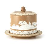 A WEDGWOOD/ADAMS STYLE OVERSIZED BEIGE GROUND WHITE JASPERWARE CHEESE BELL AND COVER decorated