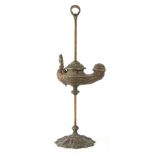 A 19TH CENTURY STYLE ORNATE CAST BRASS ADJUSTABLE WHALE OIL LAMP of ornate design with petal-