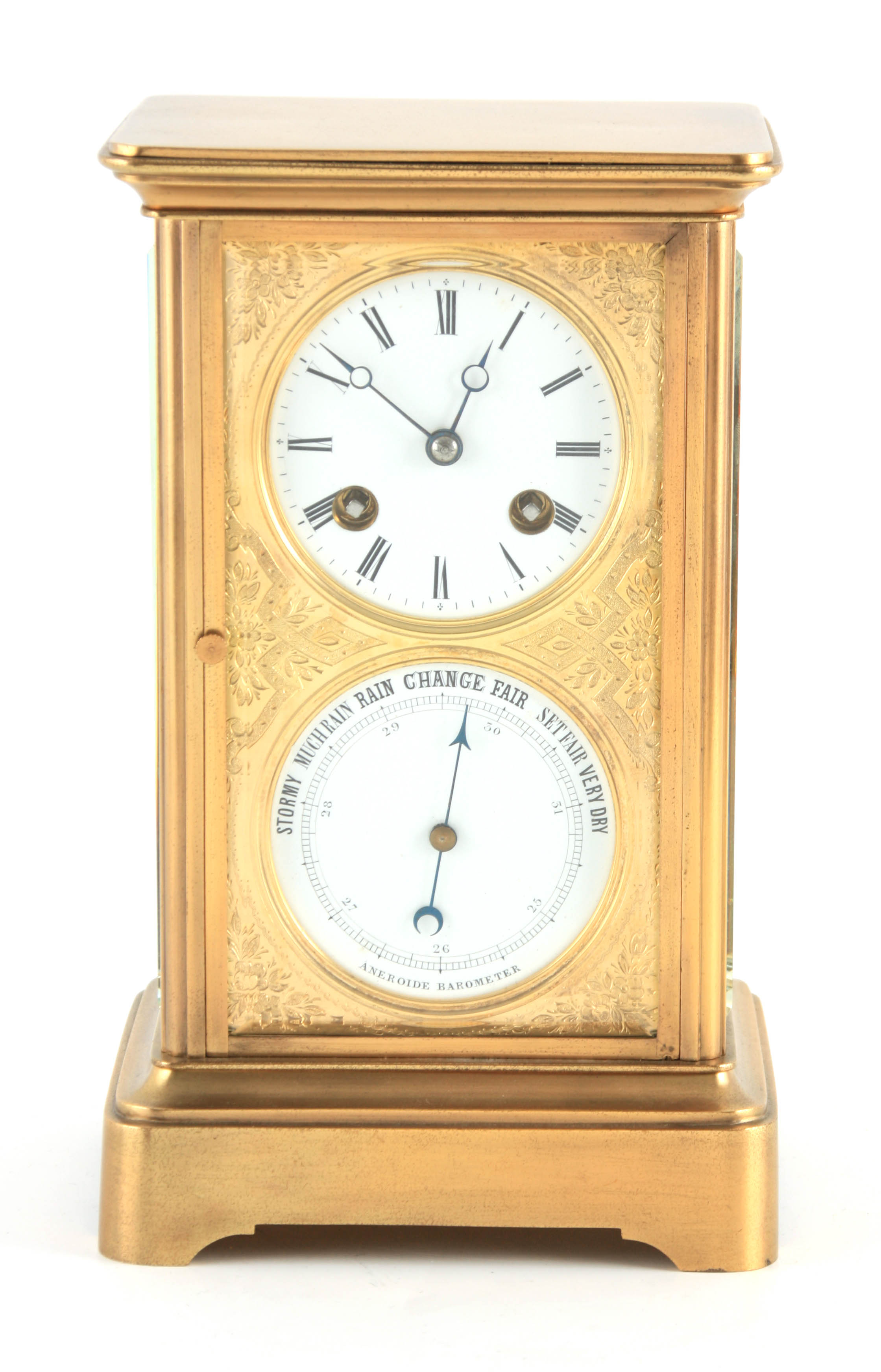 A SMALL 19TH CENTURY FRENCH FOUR-GLASS CLOCK/BAROMETER the moulded brass case inset with four
